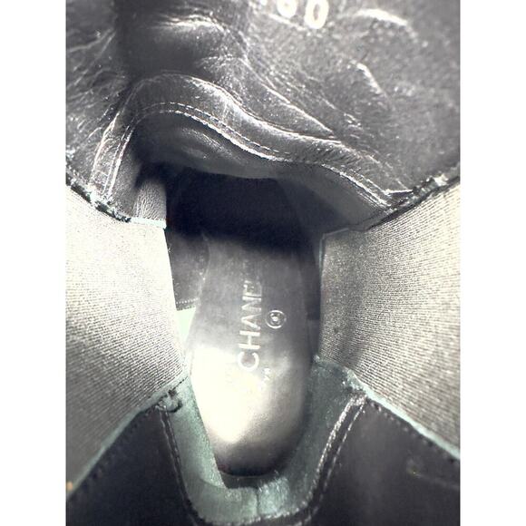Chanel Boots CC LOGO Pearl Black Leather Mid Calf Chelsea Platform Heel Shoes 39 - Picture 11 of 11